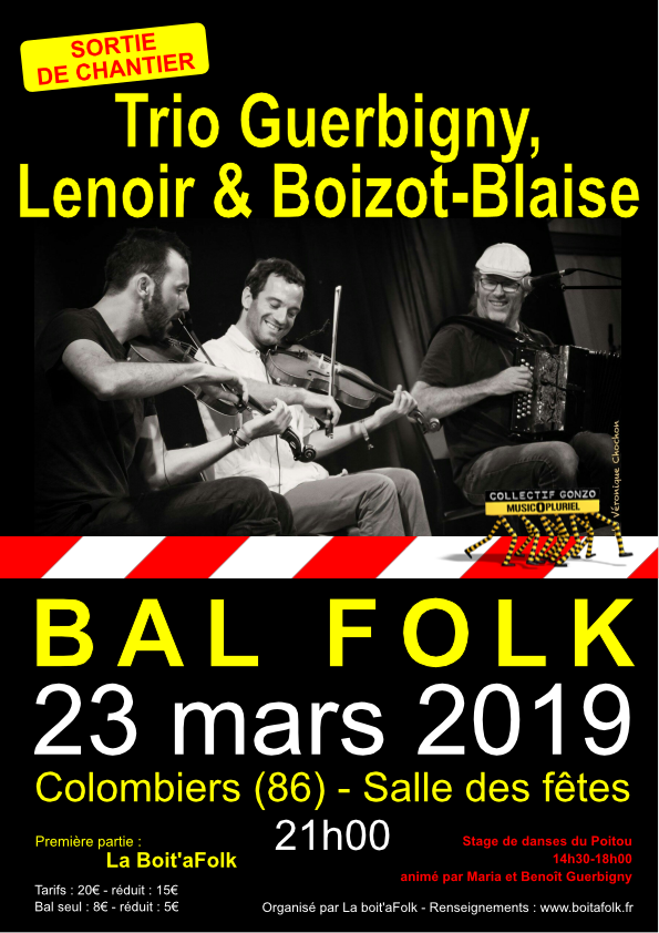 Affiche du bal du 23/03/2019 à Colombiers (86) avec le trio Guerbigny, Lenoir &amp; Boizot-Blaise