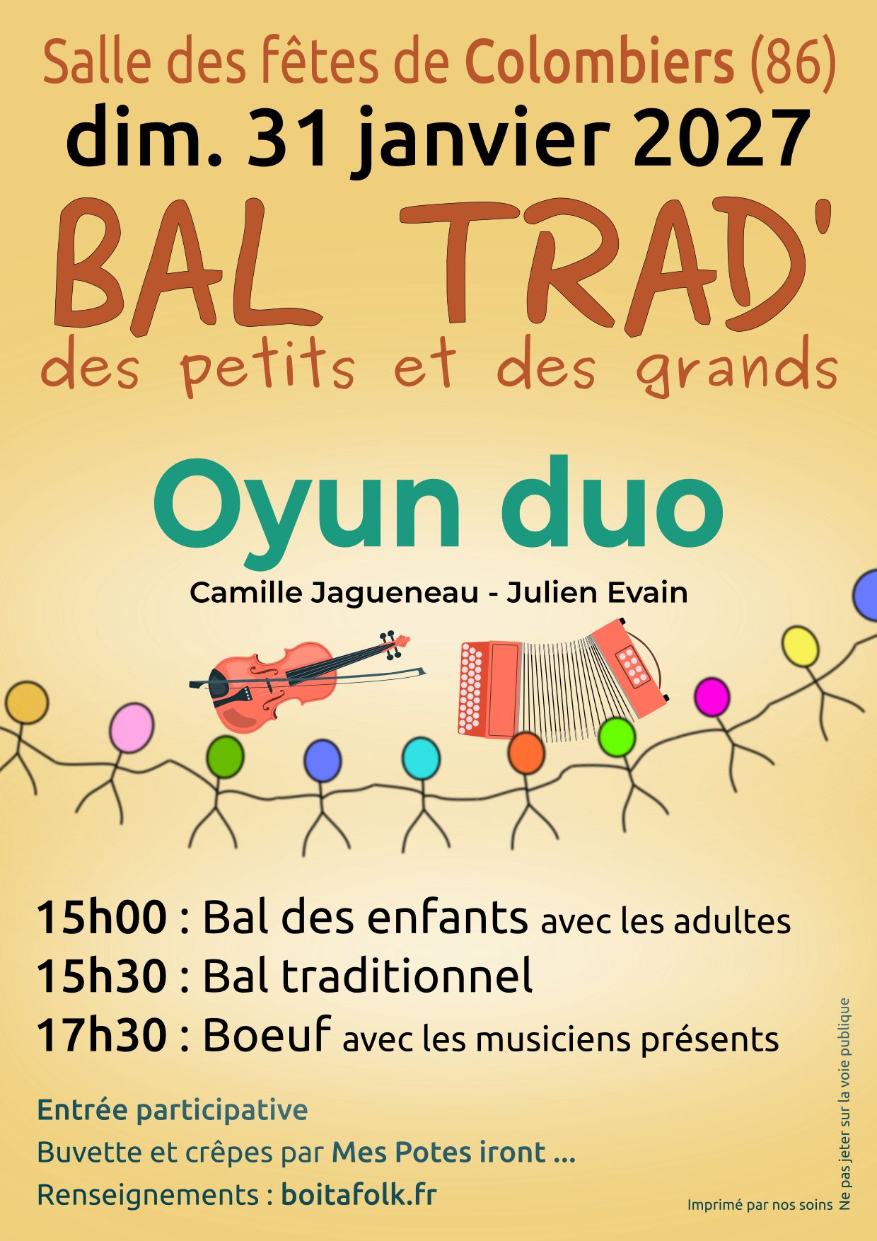 Affiche du bal folk des petits et des grands du 31 janvier 2027 à Colombiers 86